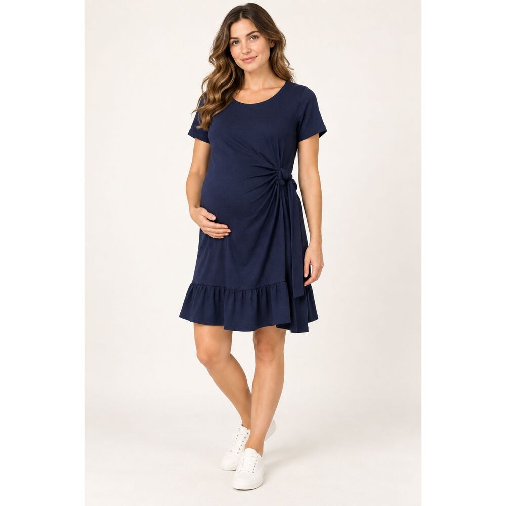 A Pea in the Pod Maternity Navy Side Tie Ruffle Hem Short Sleeve Dress L